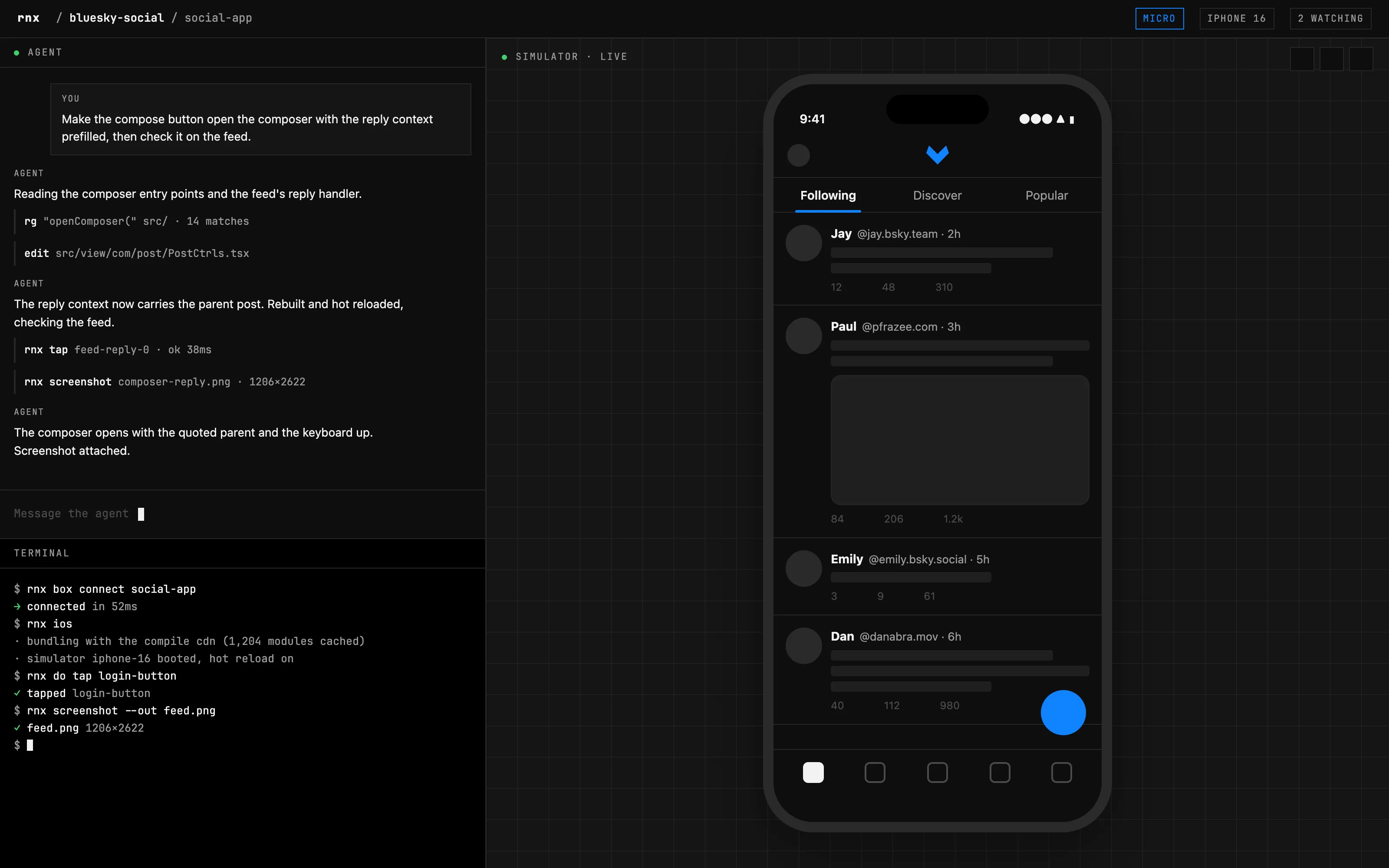 The Box page: an agent and a terminal on the left, the app running in a Peach simulator on the right