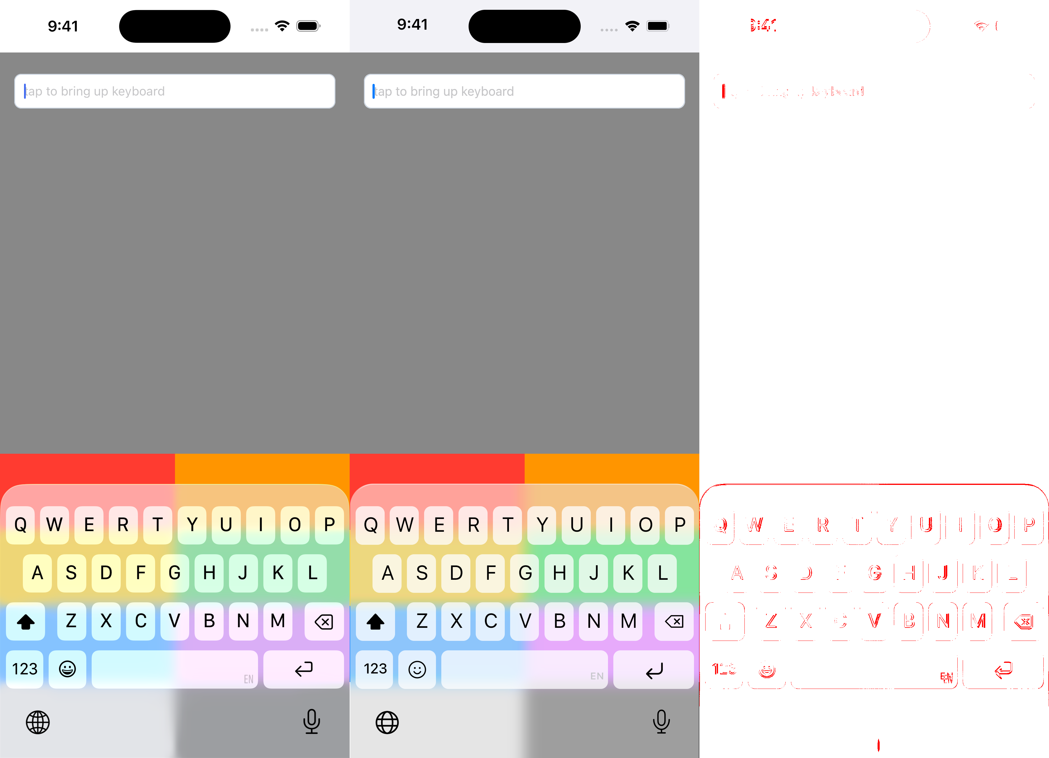 Three-panel conformance proof. React Native on iOS is on the left, Peach is in the middle, and the red pixel-difference mask is on the right.